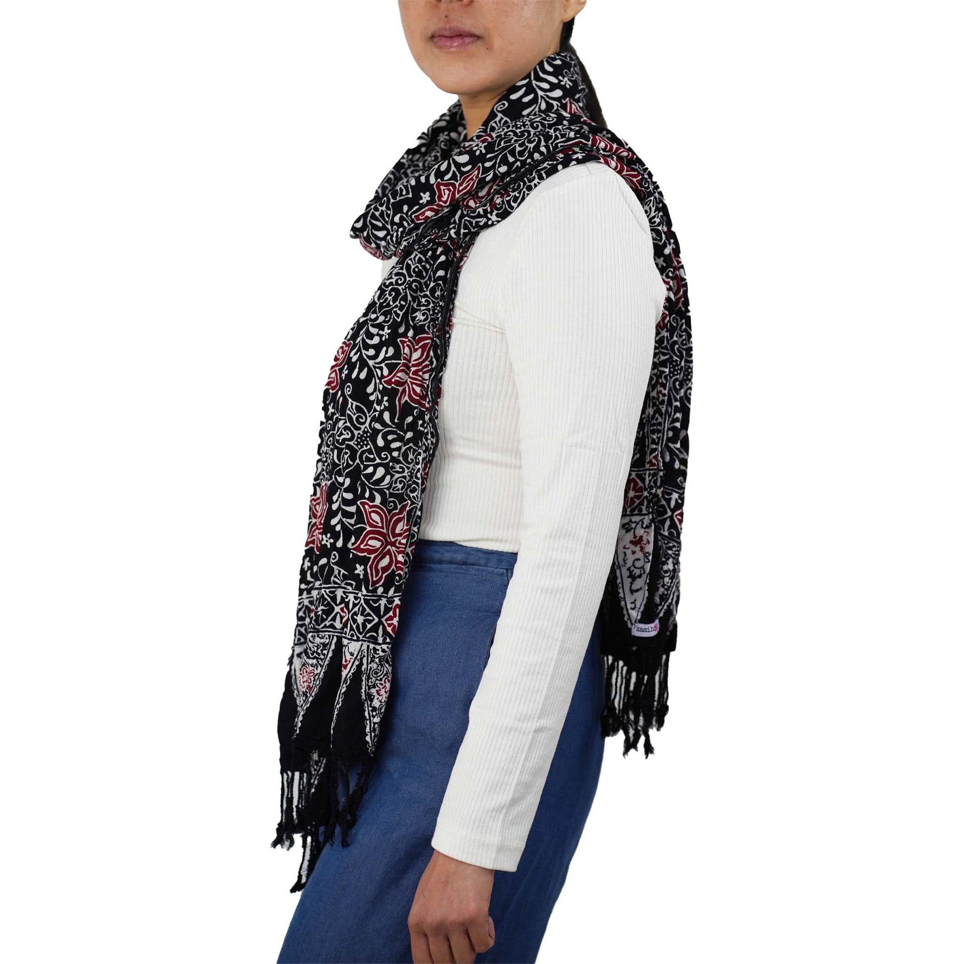 Hand Dyed Batik Scarf, 100% Cotton Fabric, Black Red Floral Star