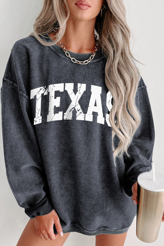 Texas Ribbed Knit Round Neck Pullover Sweatshirt Texas