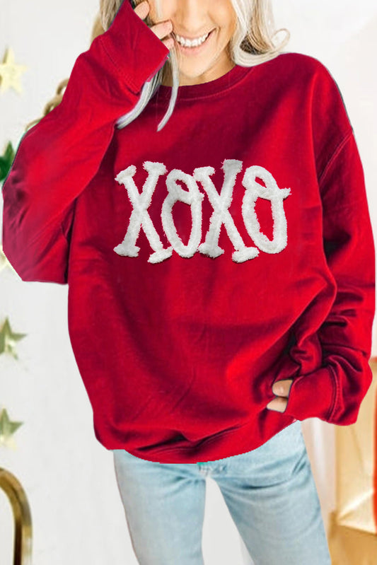 Serena XOXO Chenille Embroidered Pullover Sweatshirt Red