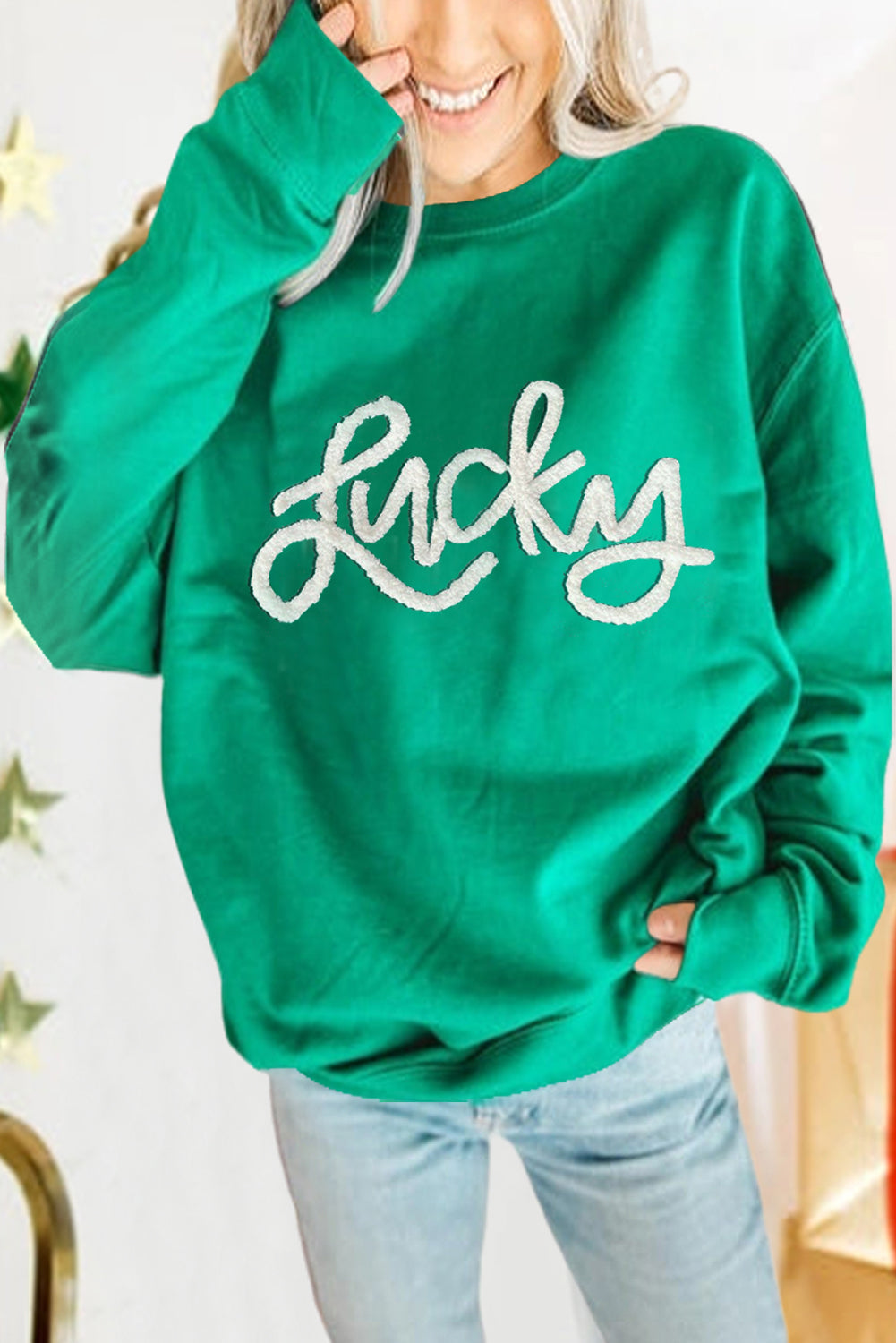 Demi Lucky Chenille Embroidered Pullover Sweatshirt Green