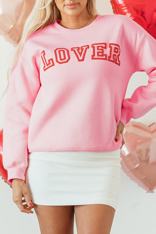 Raya LOVER Puff Print Drop Shoulder Pullover Sweatshirt Pink