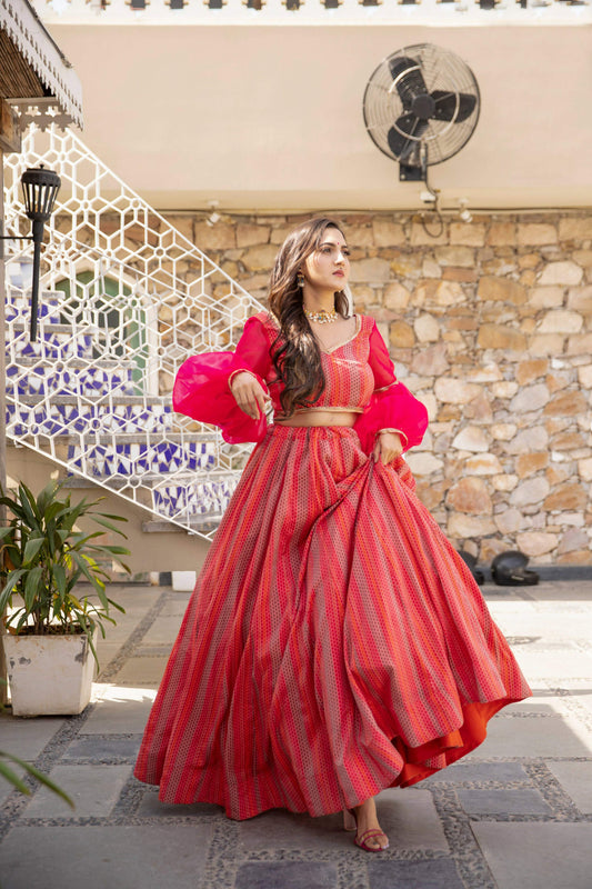 Wedding Designer Red Pink Chanderi Designer Lehenga - Anbazaar