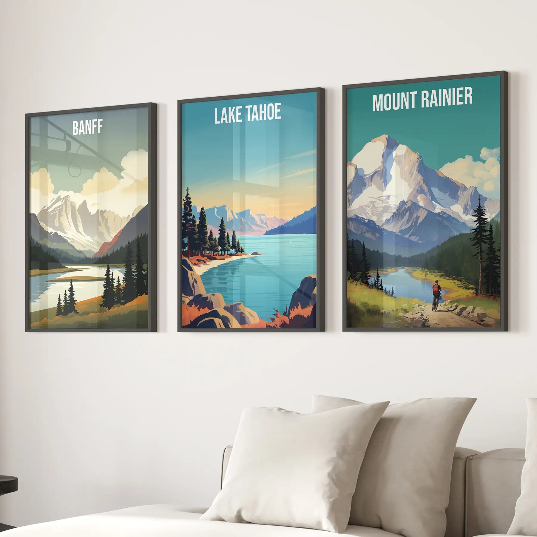 Set of 3 Travel Prints. Banff, Lake Tahoe, Mount Rainier Posters Black Frame - no mat