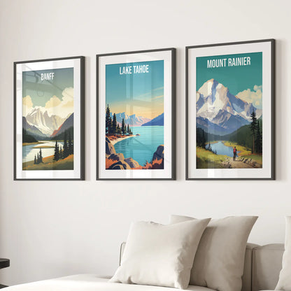 Set of 3 Travel Prints. Banff, Lake Tahoe, Mount Rainier Posters Black Frame - w mat