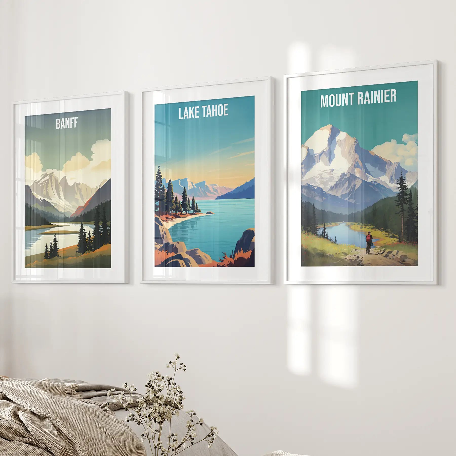 Set of 3 Travel Prints. Banff, Lake Tahoe, Mount Rainier Posters White Frame - w mat
