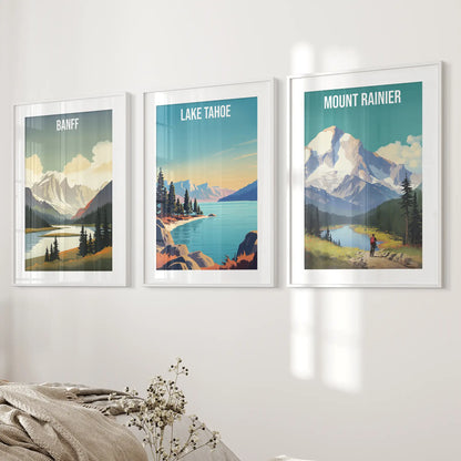 Set of 3 Travel Prints. Banff, Lake Tahoe, Mount Rainier Posters White Frame - w mat