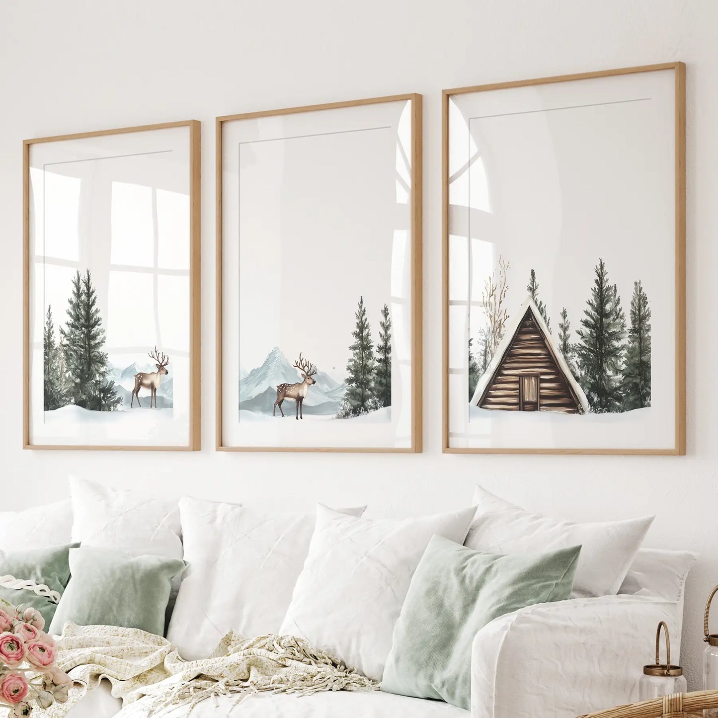 Rustic Cabin, Snowy Forest Prints. 3 Piece Winter Wall Art Thin Wood Frame - w mat