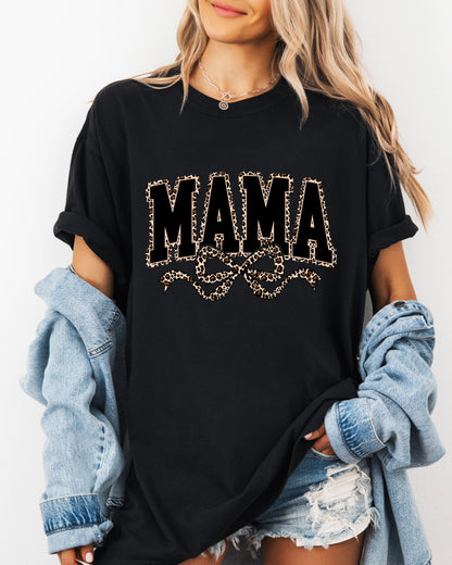 Mama Leopard Ribbon Comfort Colors T Shirt Black