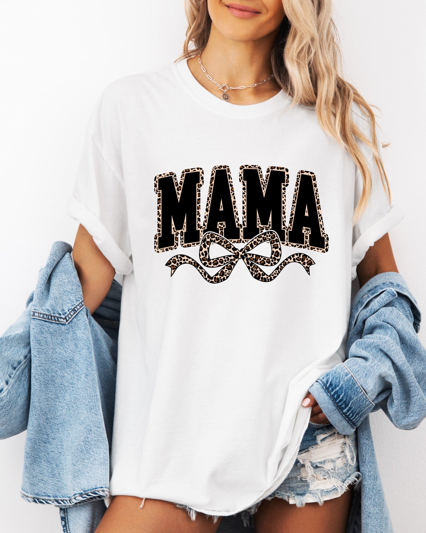 Mama Leopard Ribbon Comfort Colors T Shirt White