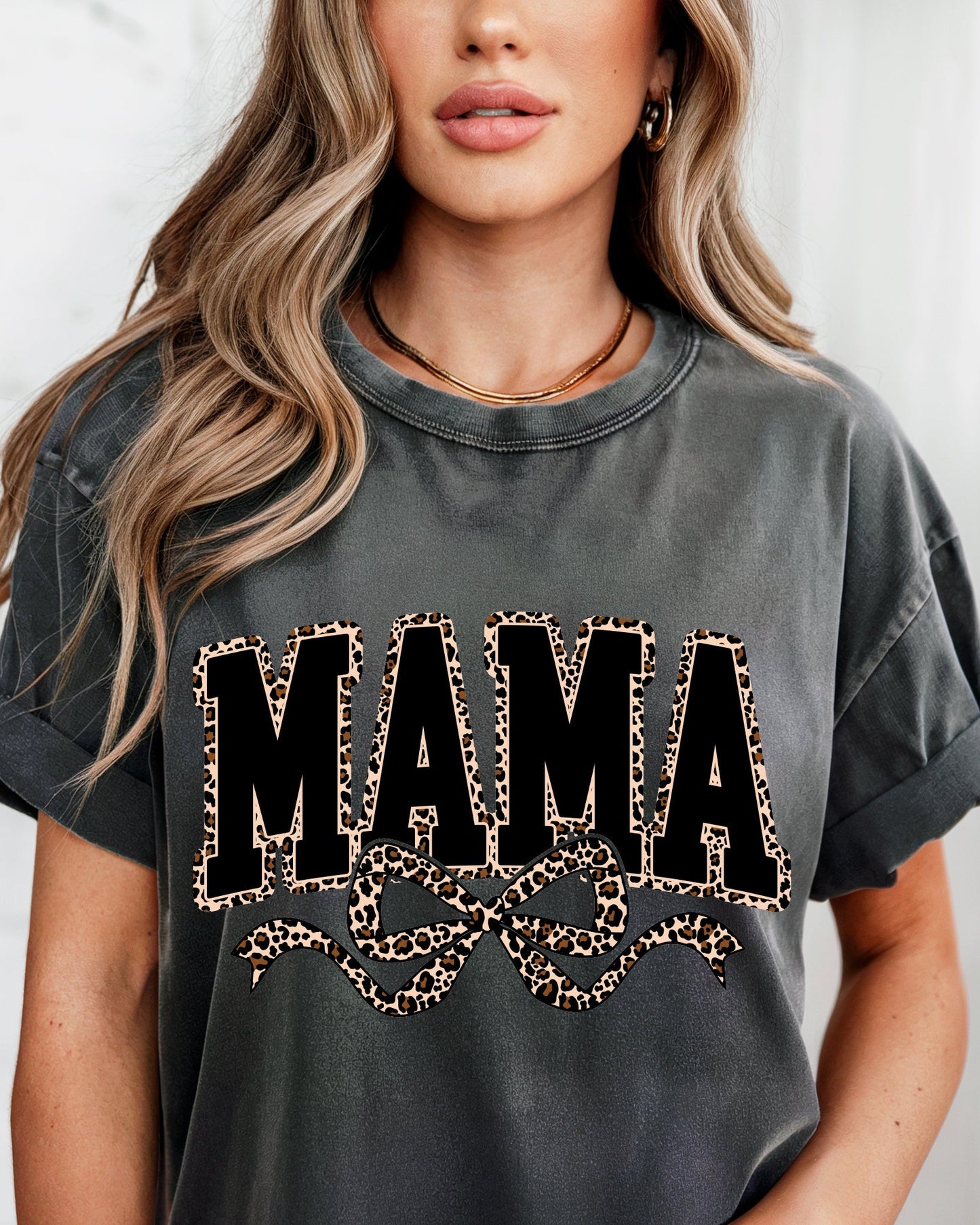 Mama Leopard Ribbon Comfort Colors T Shirt Pepper