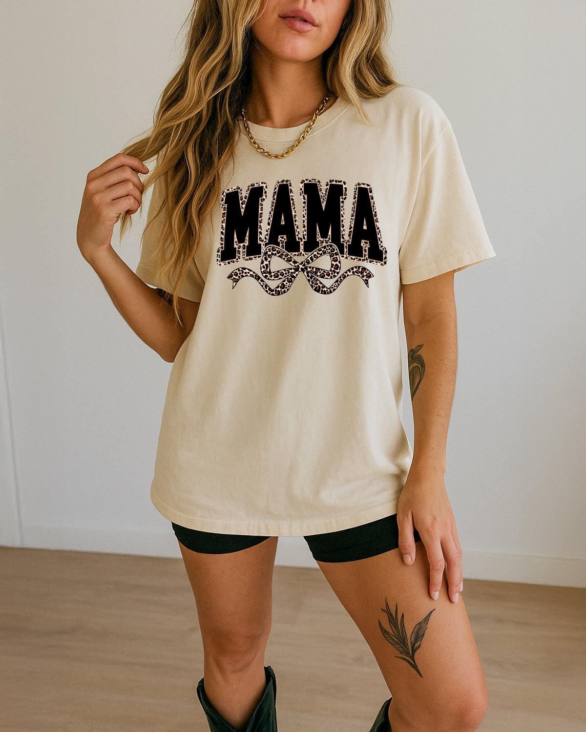 Mama Leopard Ribbon Comfort Colors T Shirt Ivory