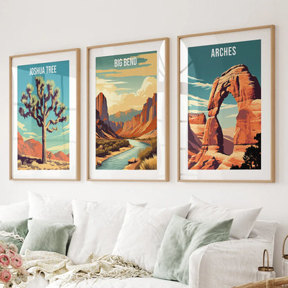 3 Piece USA National Park Art. Big Bend, Arches, Joshua Tree Thin Wood Frame - w mat
