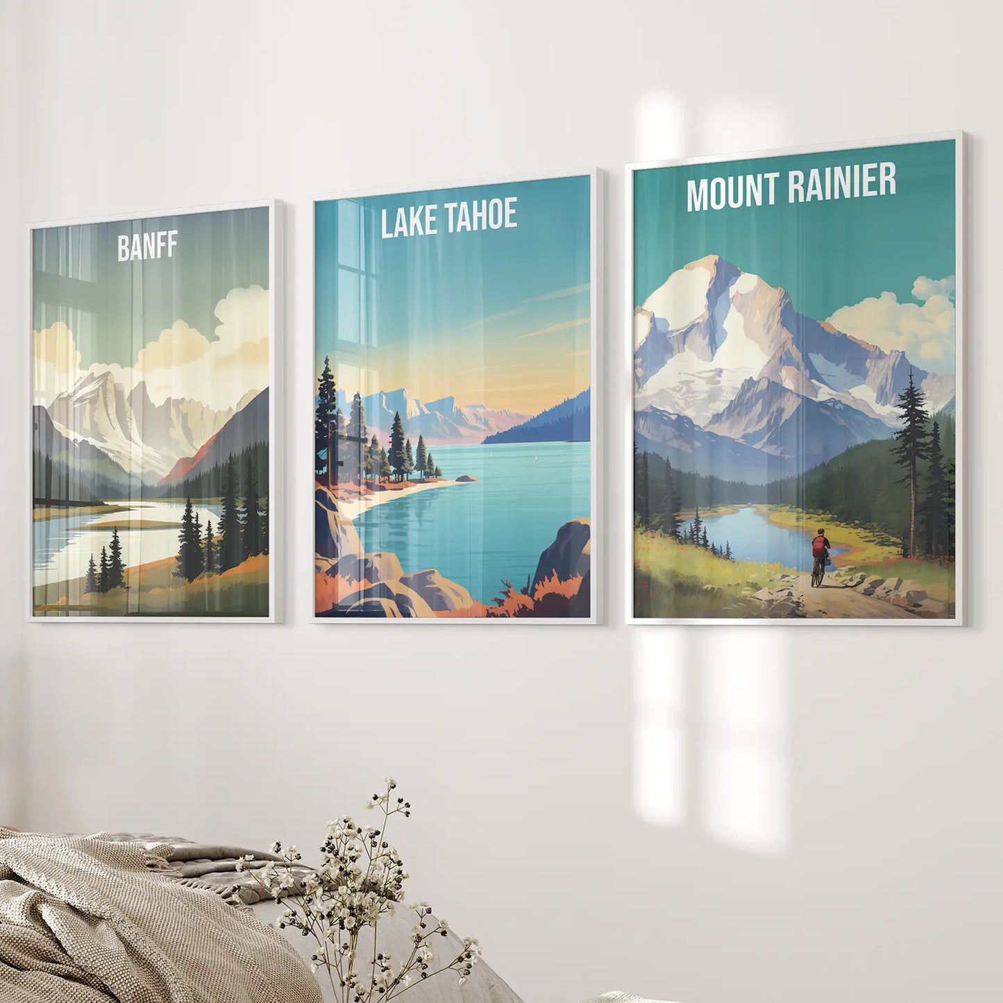 Set of 3 Travel Prints. Banff, Lake Tahoe, Mount Rainier Posters White Frame - no mat