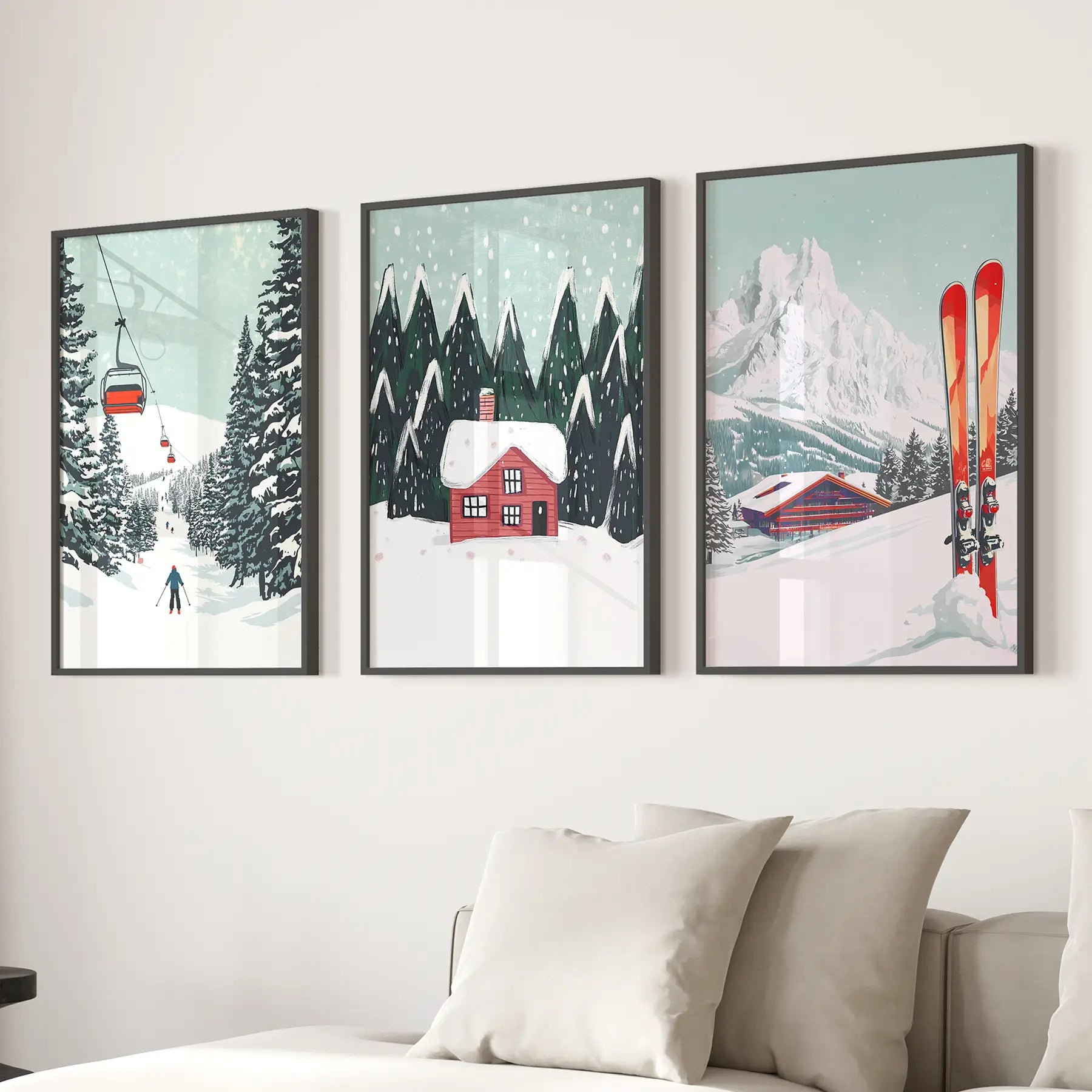 Ski Lifts, Cozy Cabin, and Snowy Peaks Wall Art Black Frame - no mat