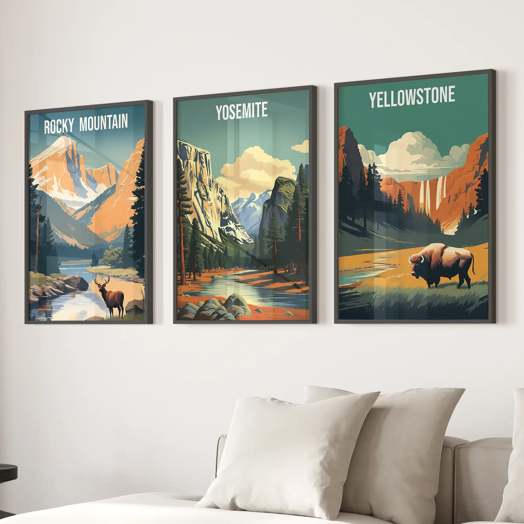 Rocky Mountain, Yosemite, Yellowstone. National Park Wall Art Black Frame - no mat