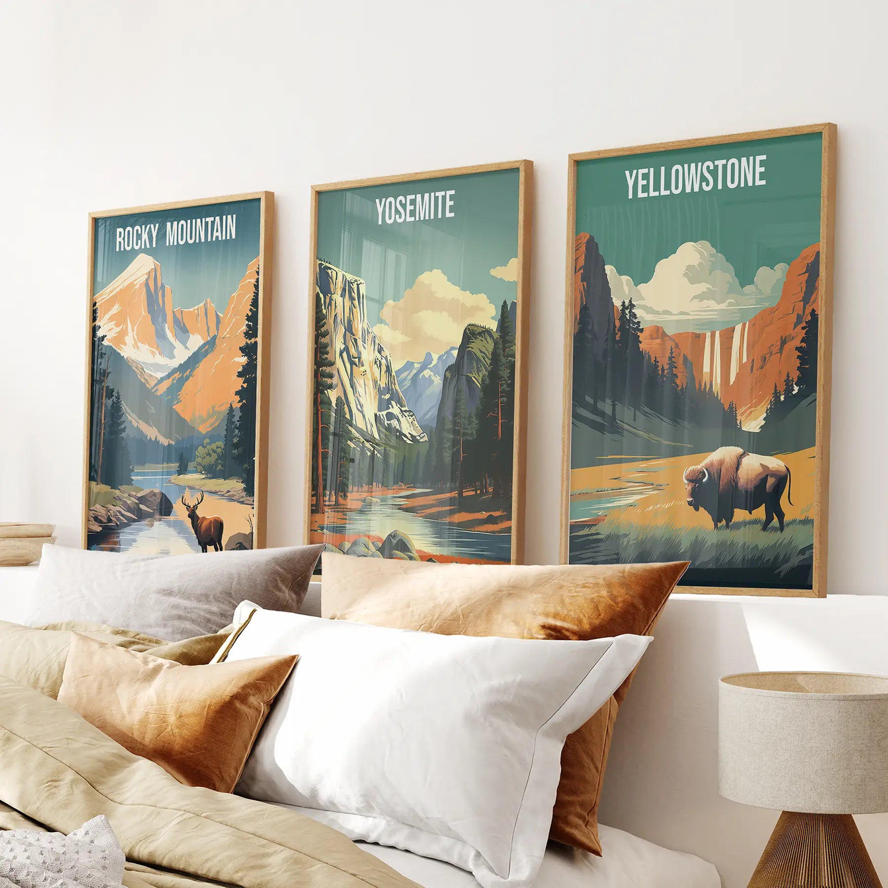 Rocky Mountain, Yosemite, Yellowstone. National Park Wall Art Thin Wood Frame - no mat