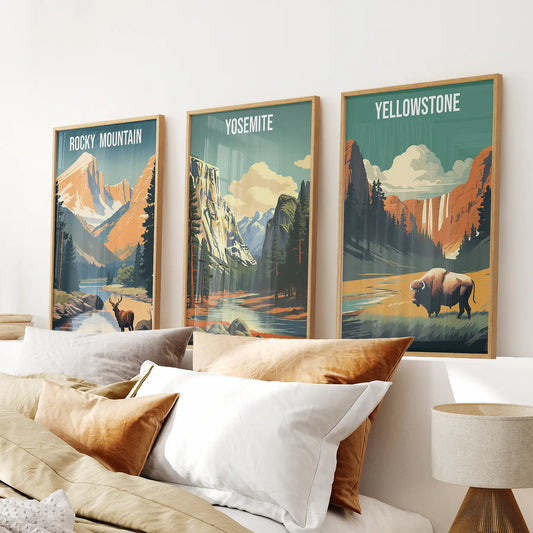 Rocky Mountain, Yosemite, Yellowstone. National Park Wall Art Thin Wood Frame - no mat