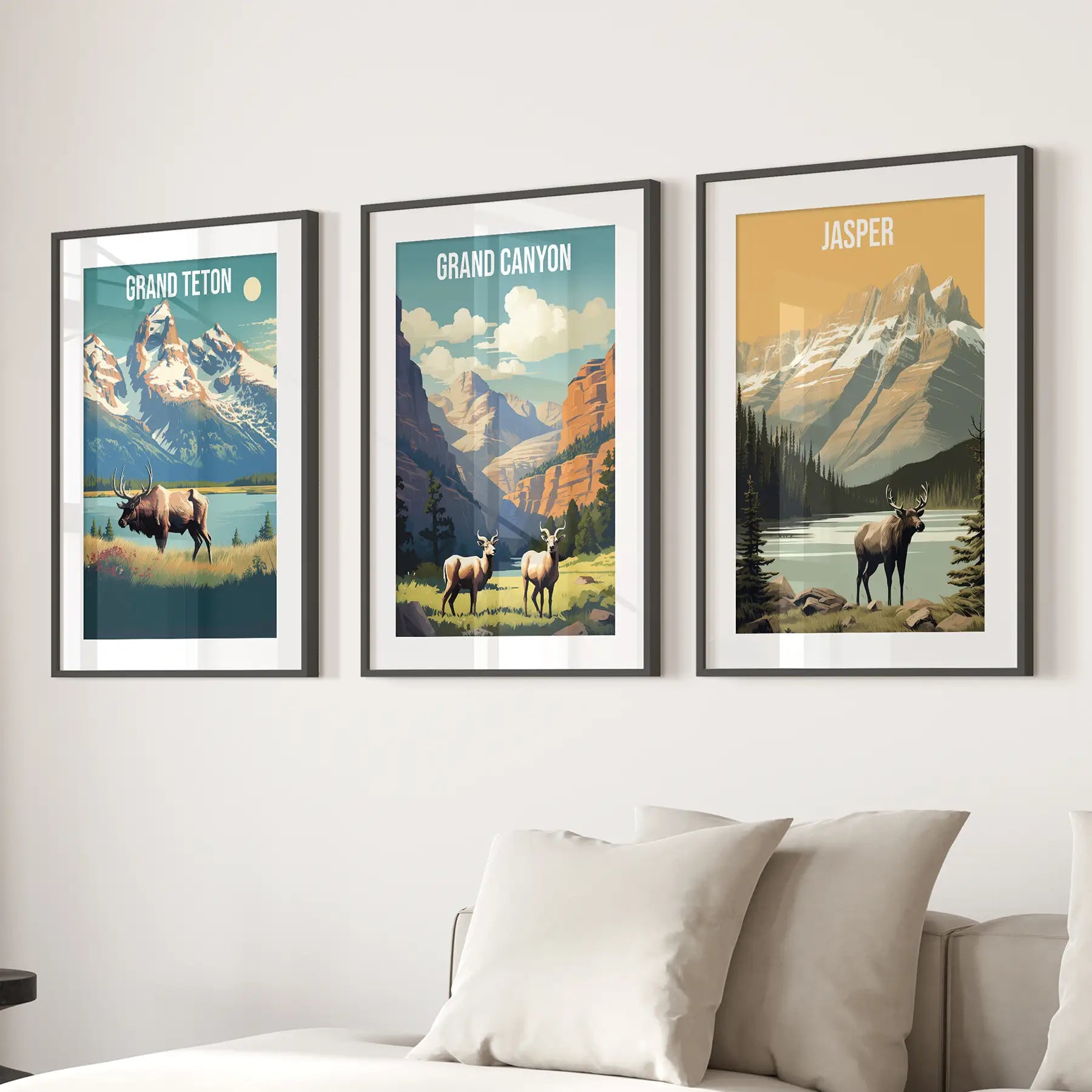 Grand Canyon, Jasper, Grand Teton. National Park Wall Art Black Frame - w mat