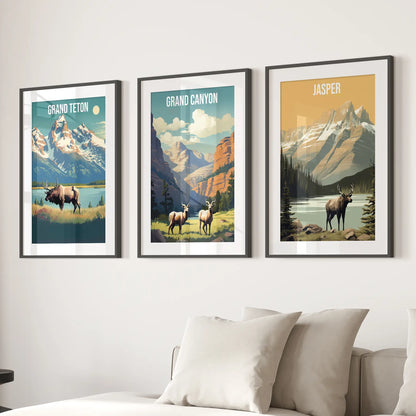 Grand Canyon, Jasper, Grand Teton. National Park Wall Art Black Frame - w mat