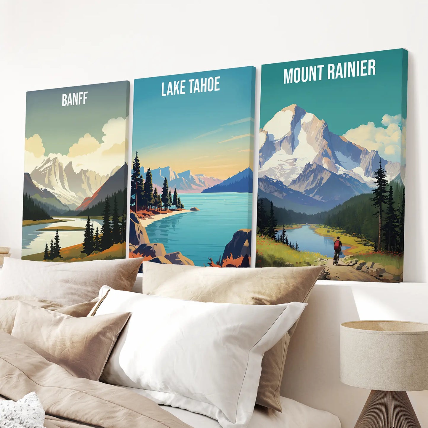 Set of 3 Travel Prints. Banff, Lake Tahoe, Mount Rainier Posters Wrapped Canvas