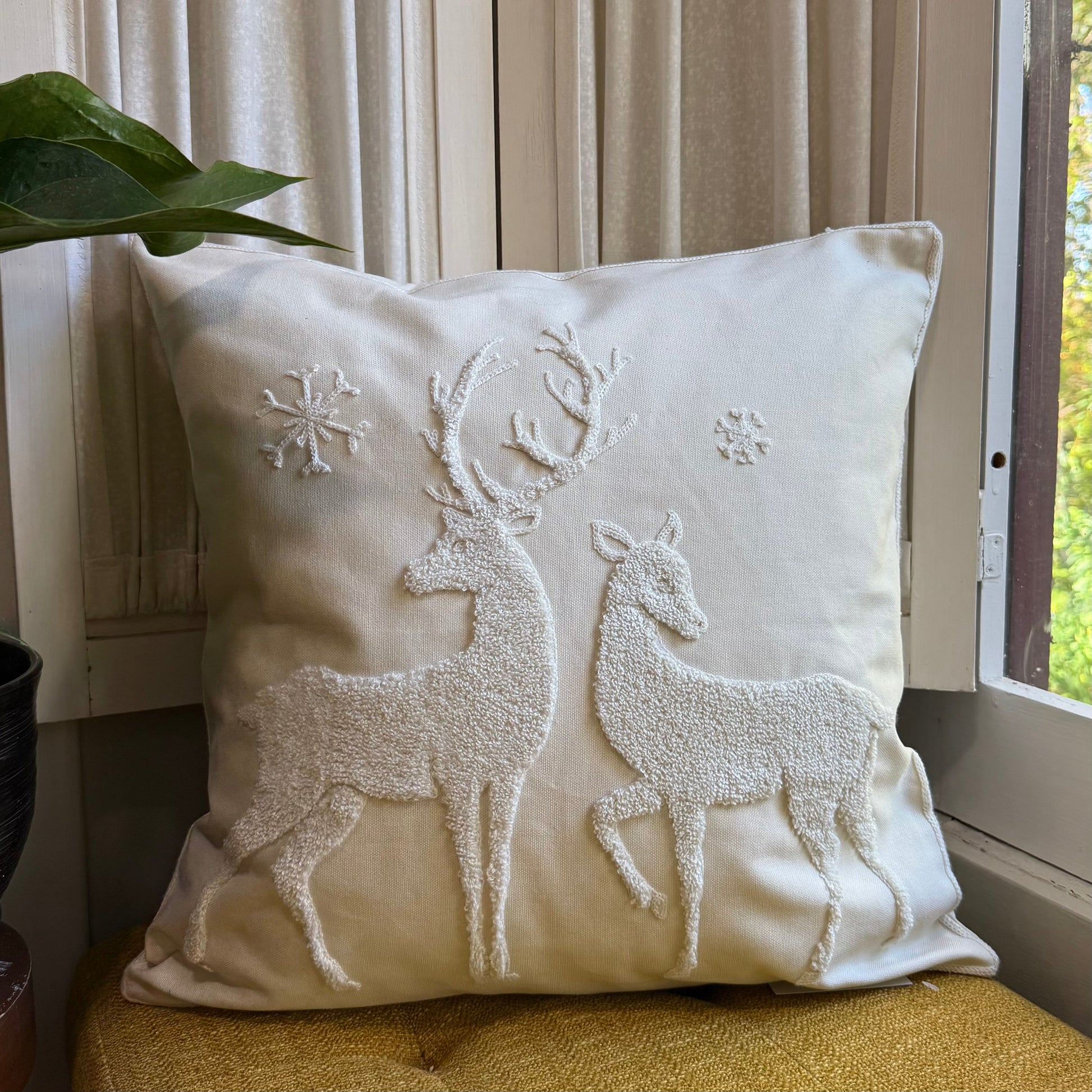 Neutral Winter Deer Embroidered Pillow Cover