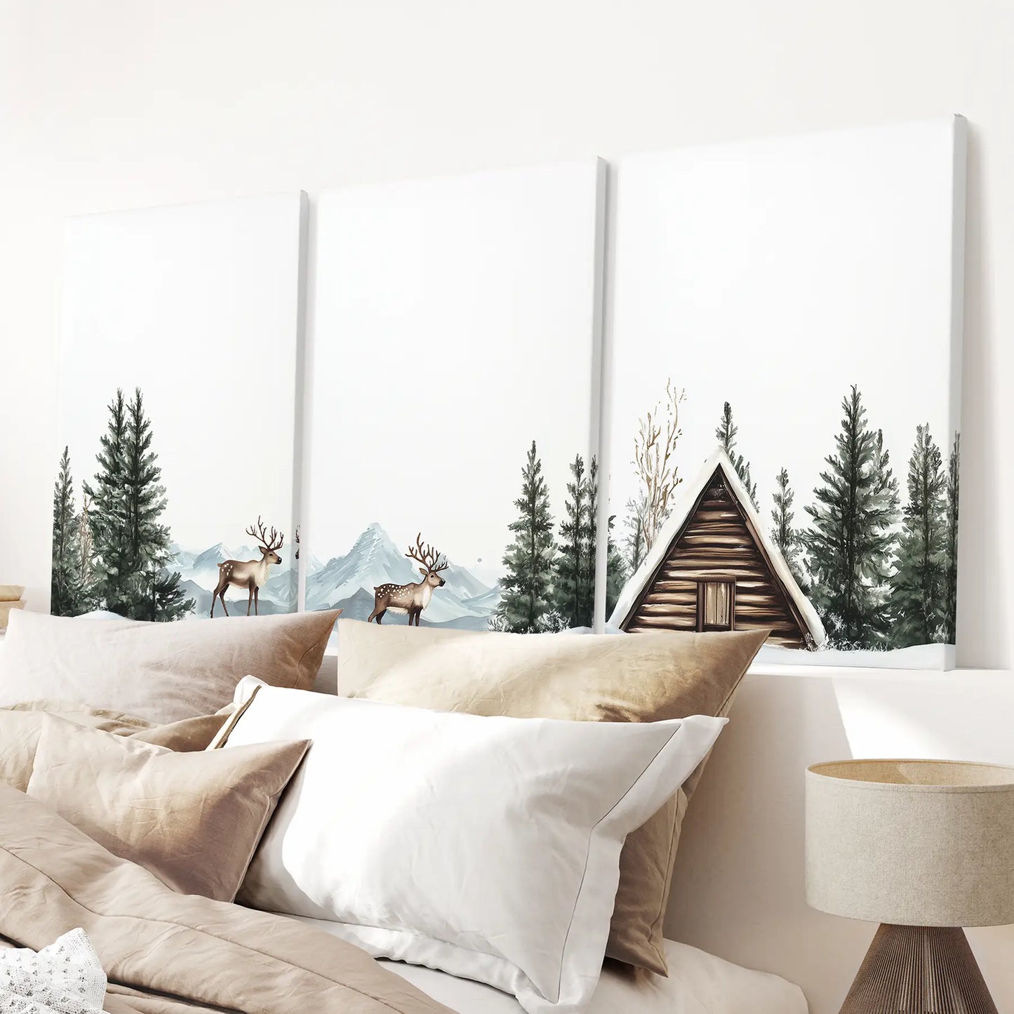 Rustic Cabin, Snowy Forest Prints. 3 Piece Winter Wall Art Wrapped Canvas