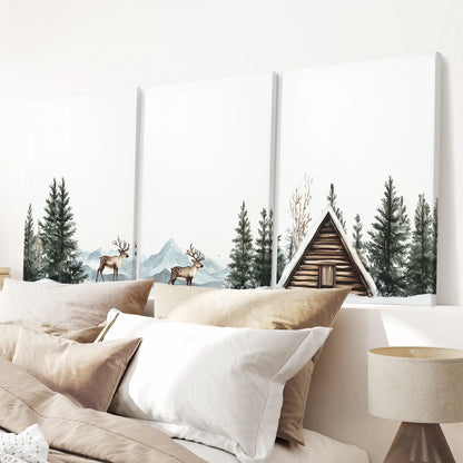 Rustic Cabin, Snowy Forest Prints. 3 Piece Winter Wall Art Wrapped Canvas