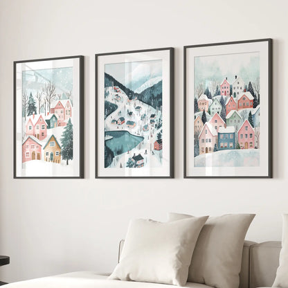 Christmas Village Cute Winter Landscape Posters Black Frame - w mat