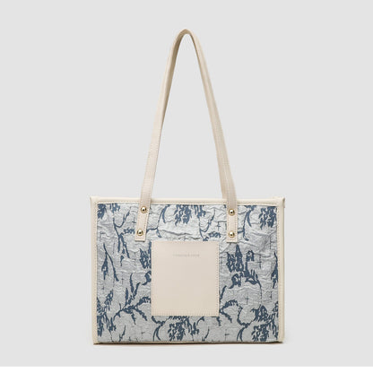 Square tote large capacity bag, women's winter tote bag, printed blue commuter fashion versatile portable shoulder bag Beige