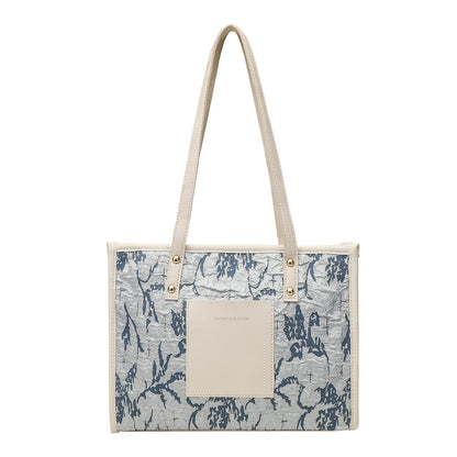 Square tote large capacity bag, women's winter tote bag, printed blue commuter fashion versatile portable shoulder bag