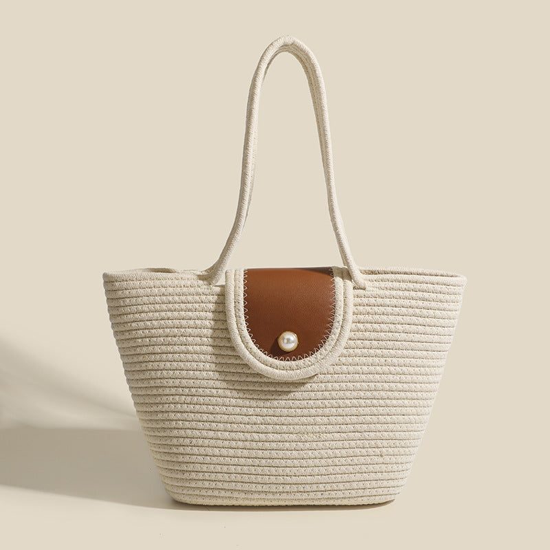 Large capacity hobo tote bag, beach bag weaving, bag women's woven handbag, casual vegetable basket bag shoulder bag Off-white