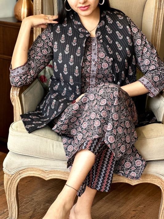 Black Pure Cotton Kurti Pant Set With Quilted jacket Black