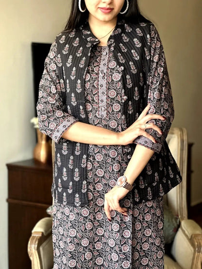 Black Pure Cotton Kurti Pant Set With Quilted jacket