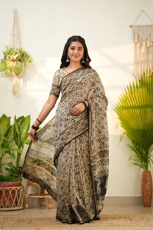 Beige Pure Chanderi Silk Cotton Saree with Traditional Floral Prints Beige One size
