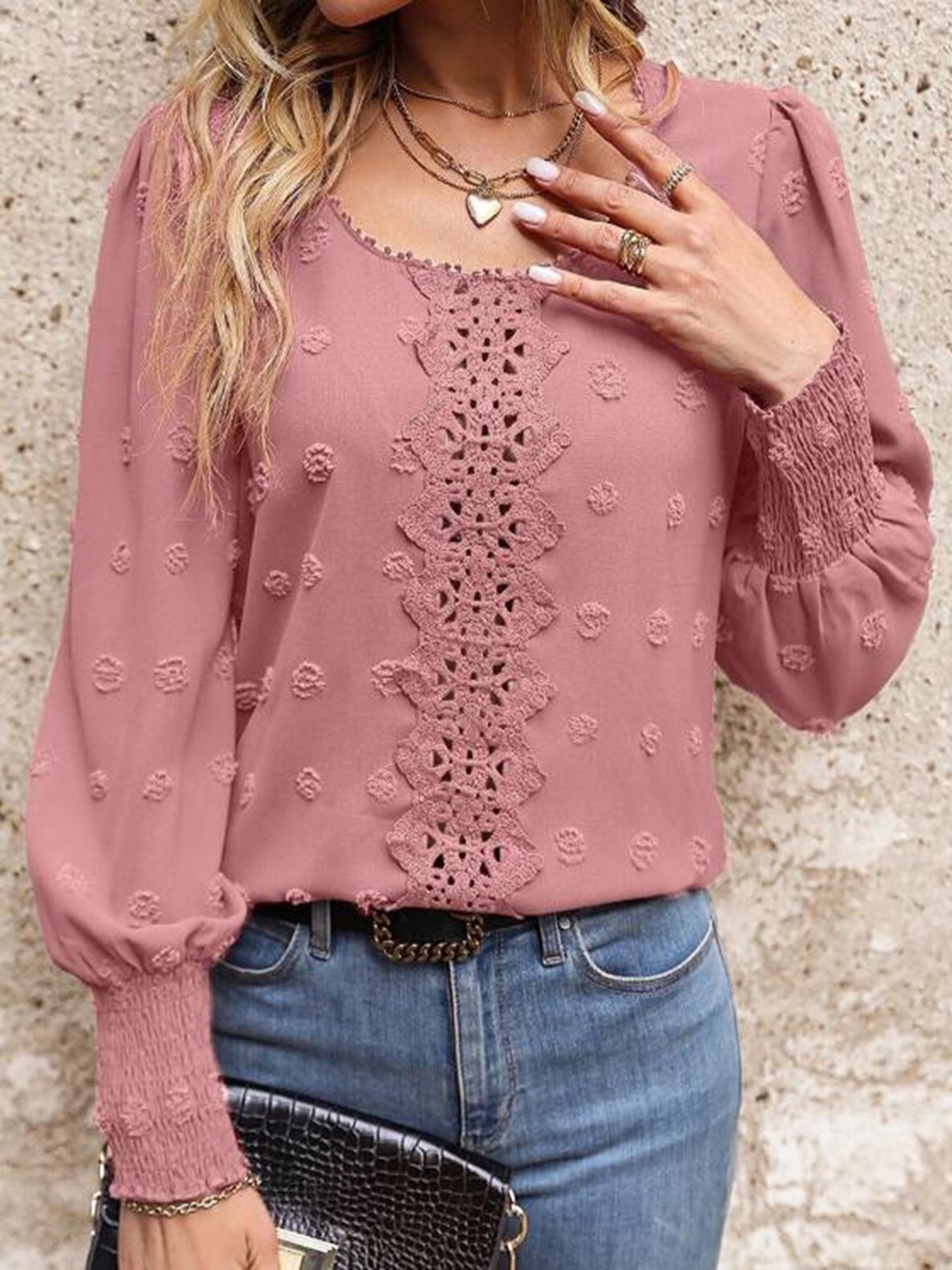 Swiss Dot Lantern Sleeve Blouse Pink