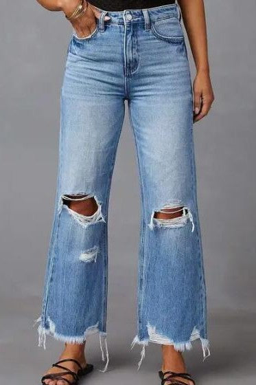 Miss Sparkling High-Rise Distressed Wide-Leg Jeans Blue