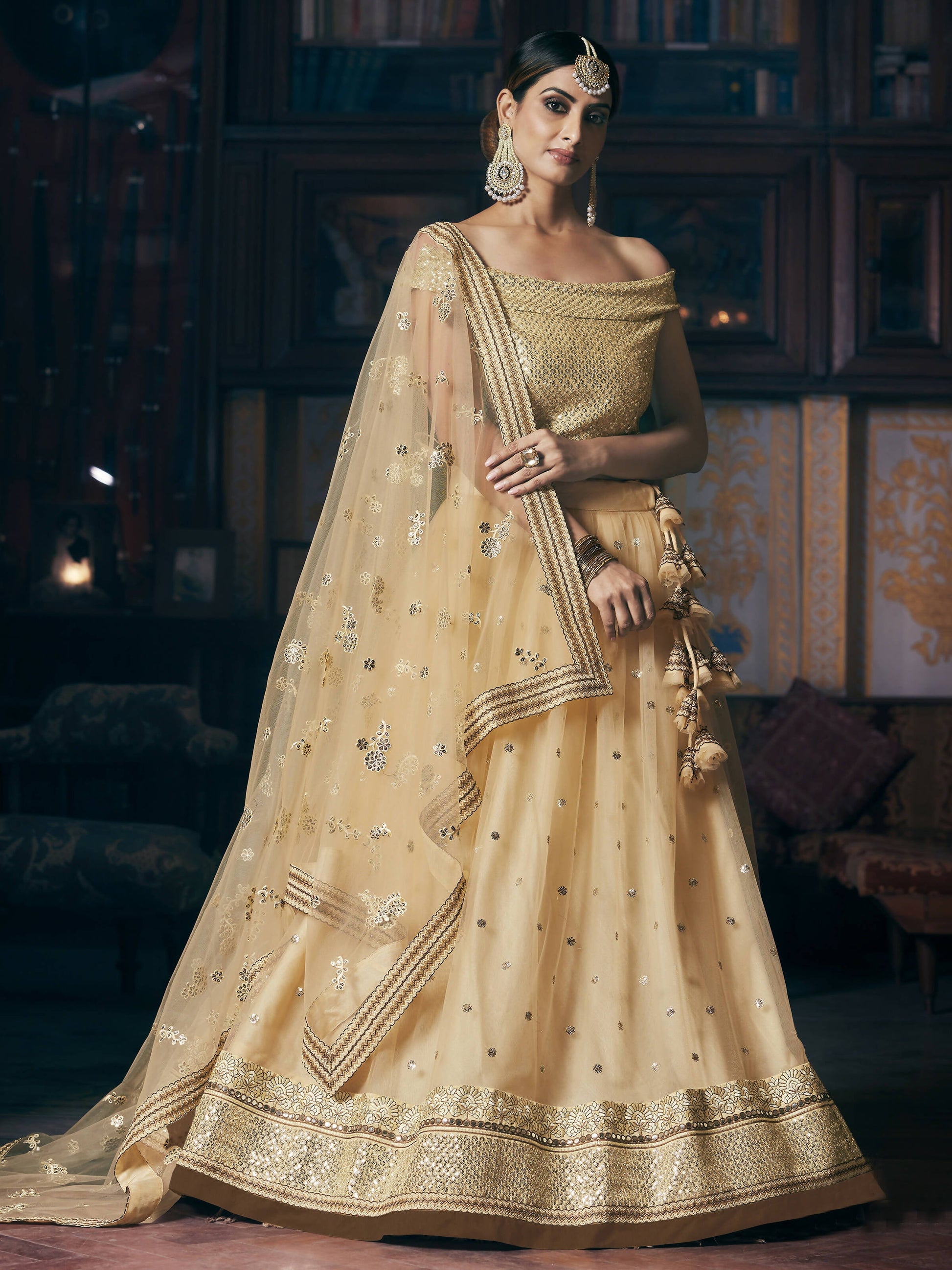 Wedding Designer Sequene Zari Resham Embroidery Cream Net Lahengha Choli - Anbazaar