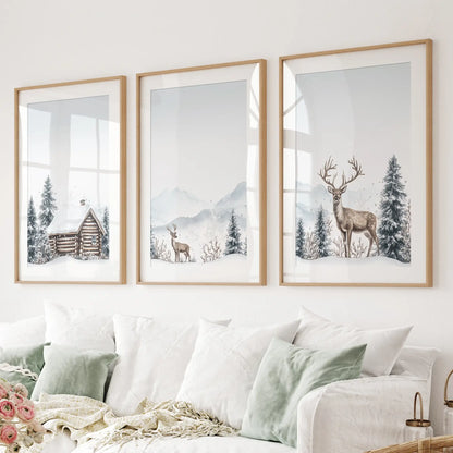 Snowy Deer Wall Art Set of 3. Winter Woodland Prints Thin Wood Frame - w mat