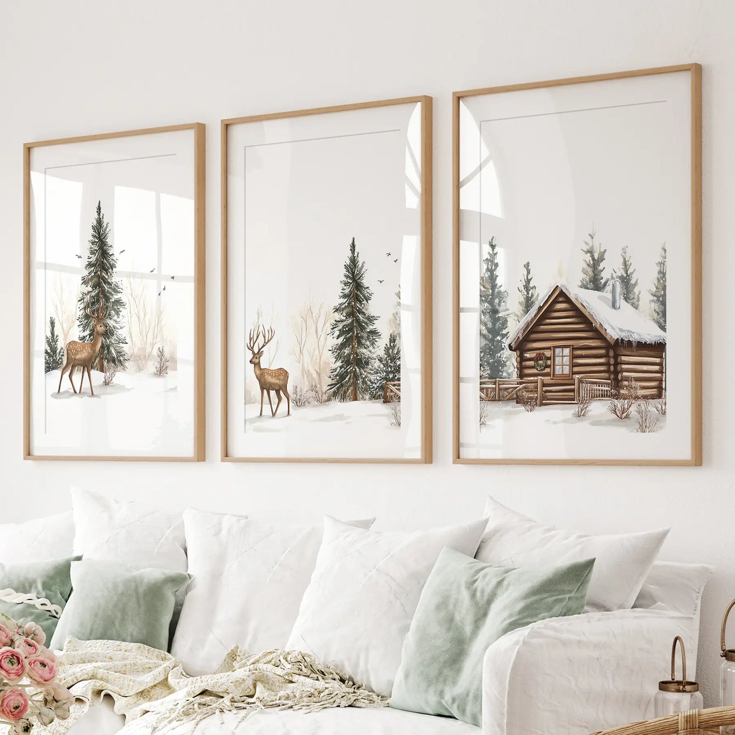 Deer and Cabin Winter 3 Piece Wall Art. Rustic Nordic Prints Thin Wood Frame - w mat