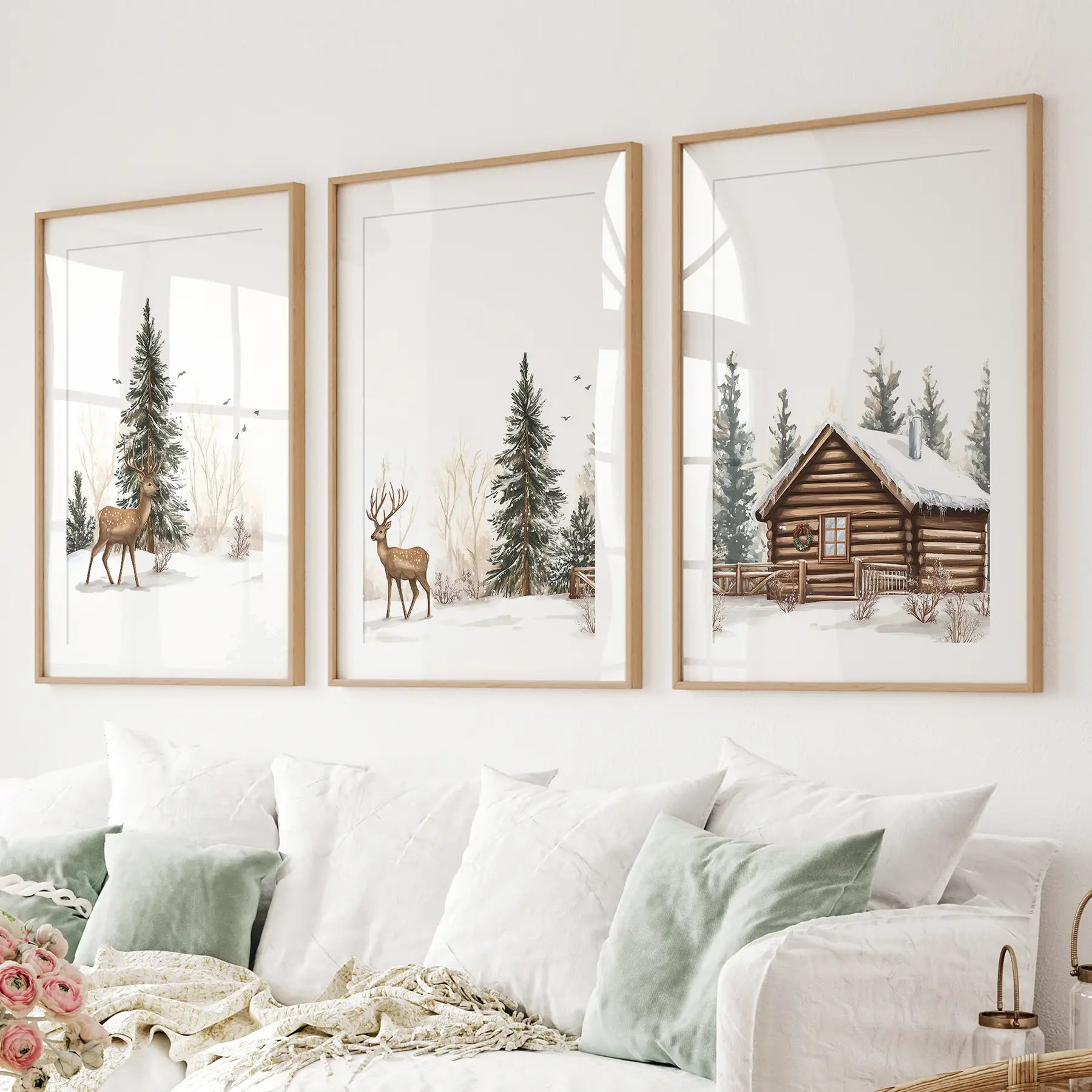 Deer and Cabin Winter 3 Piece Wall Art. Rustic Nordic Prints Thin Wood Frame - w mat