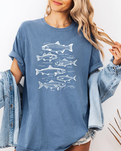 Sardines & Salmon Fish Comfort Colors T-Shirt – Nature Camping Hiking Outdoor Can Graphic Tee Blue Jean