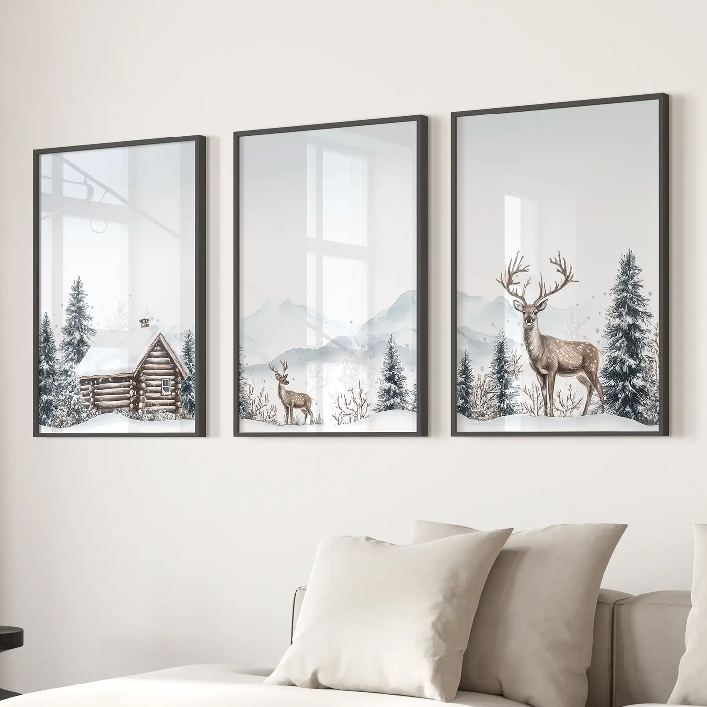 Snowy Deer Wall Art Set of 3. Winter Woodland Prints Black Frame - no mat