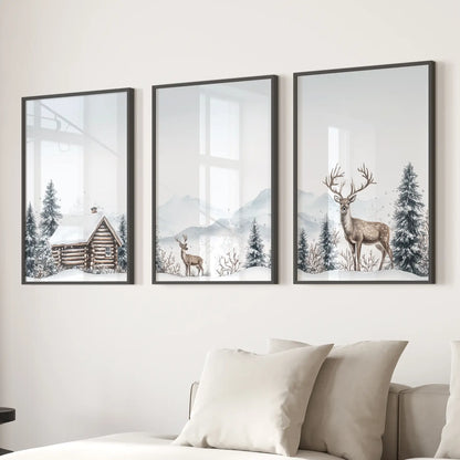 Snowy Deer Wall Art Set of 3. Winter Woodland Prints Black Frame - no mat