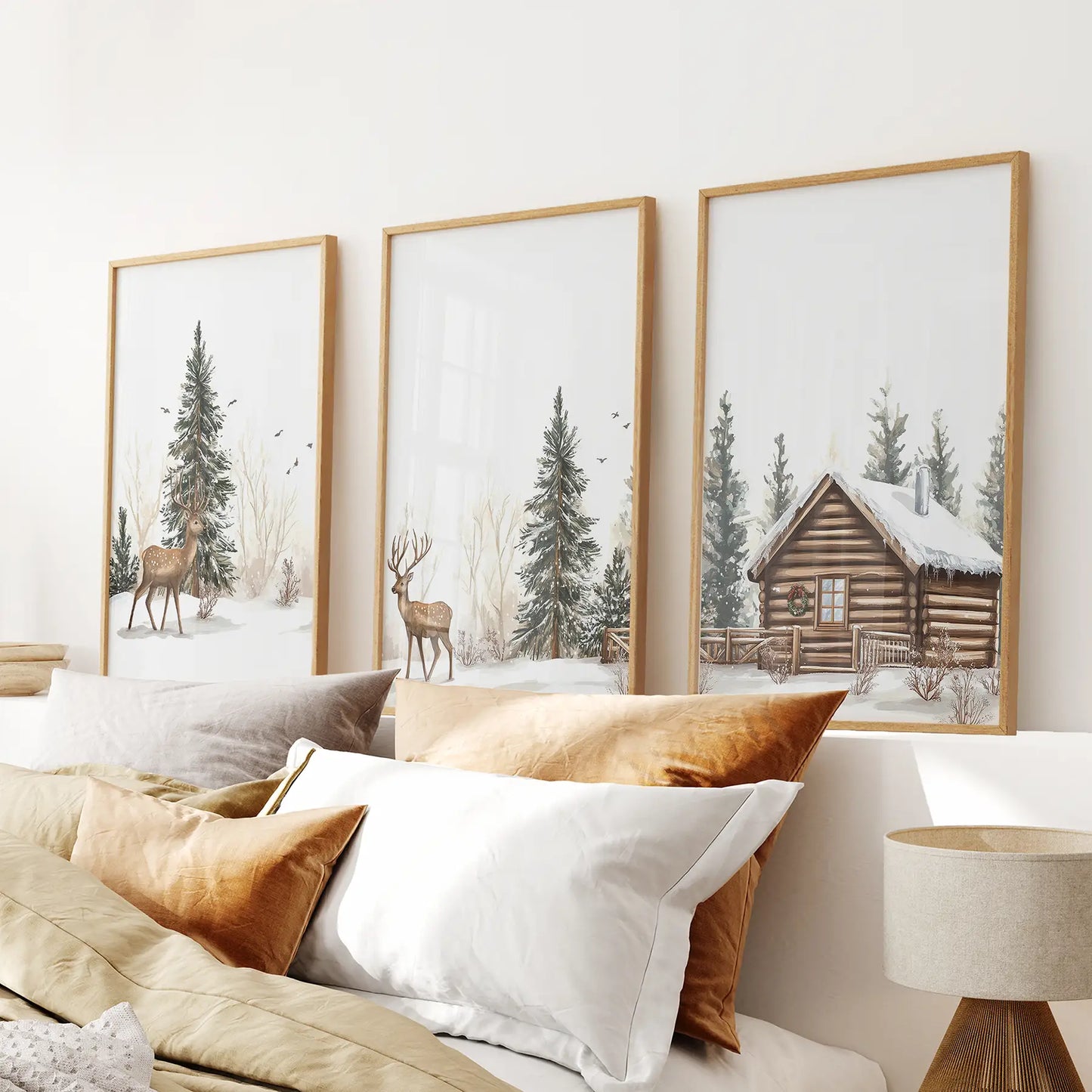 Deer and Cabin Winter 3 Piece Wall Art. Rustic Nordic Prints Thin Wood Frame - no mat