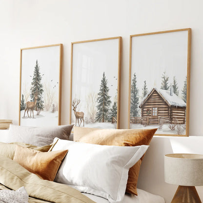 Deer and Cabin Winter 3 Piece Wall Art. Rustic Nordic Prints Thin Wood Frame - no mat