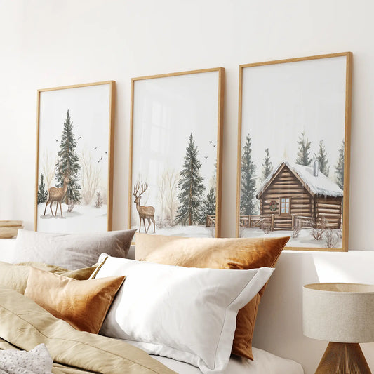 Deer and Cabin Winter 3 Piece Wall Art. Rustic Nordic Prints Thin Wood Frame - no mat