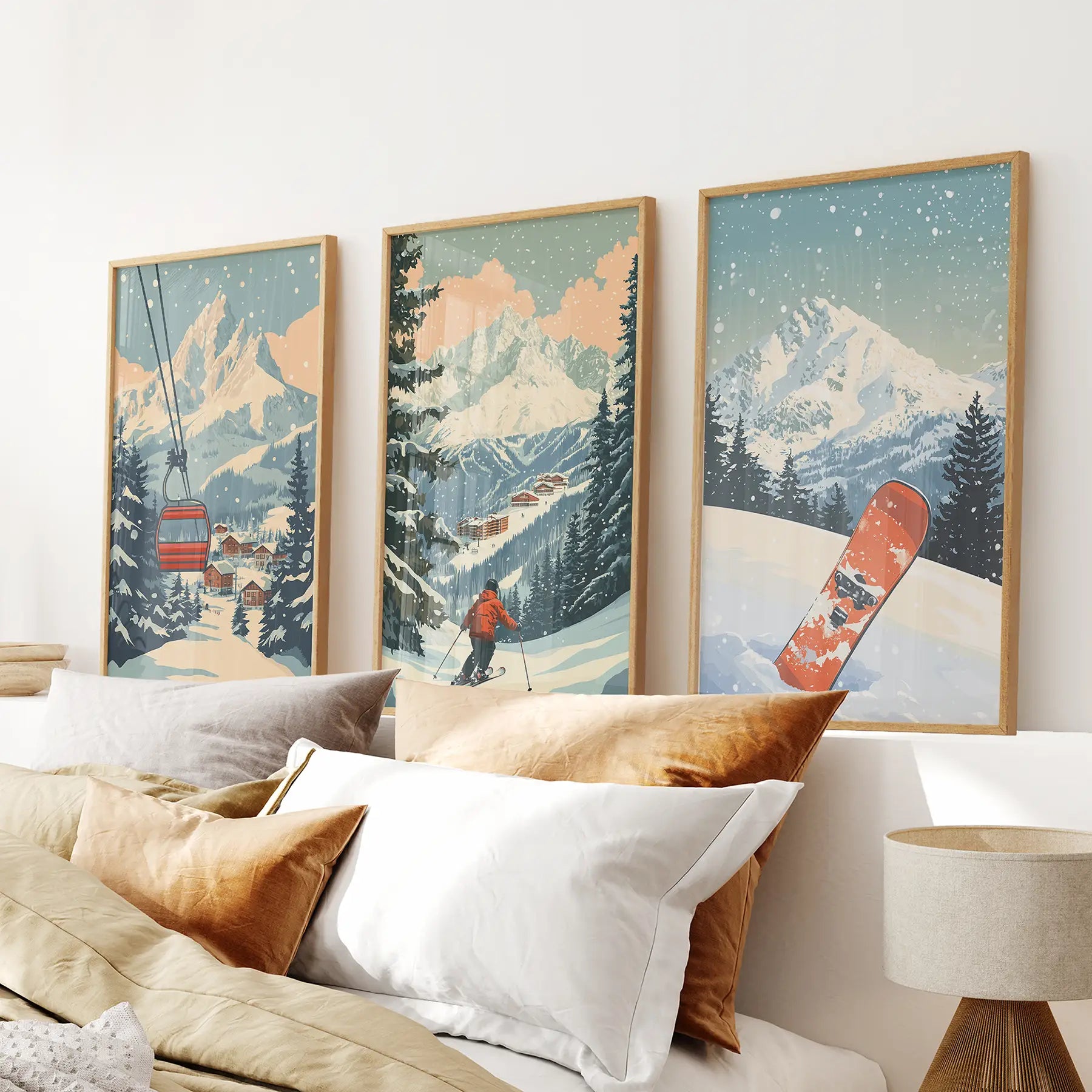Vintage Ski Poster Set of 3. Snowboard, Skier & Ski Lift Wall Art Thin Wood Frame - no mat