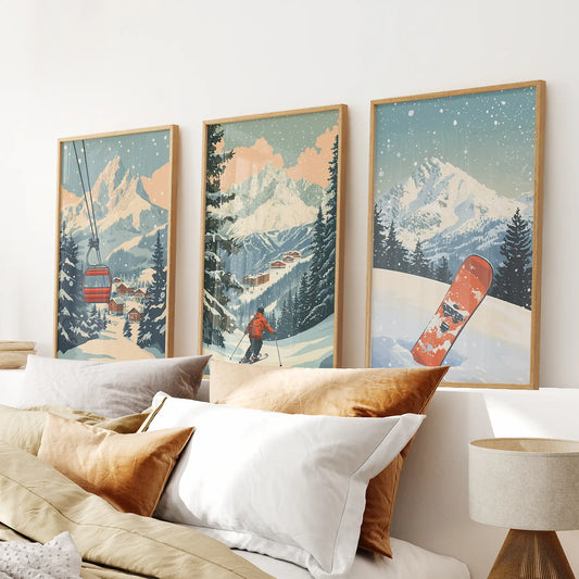 Vintage Ski Poster Set of 3. Snowboard, Skier & Ski Lift Wall Art Thin Wood Frame - no mat