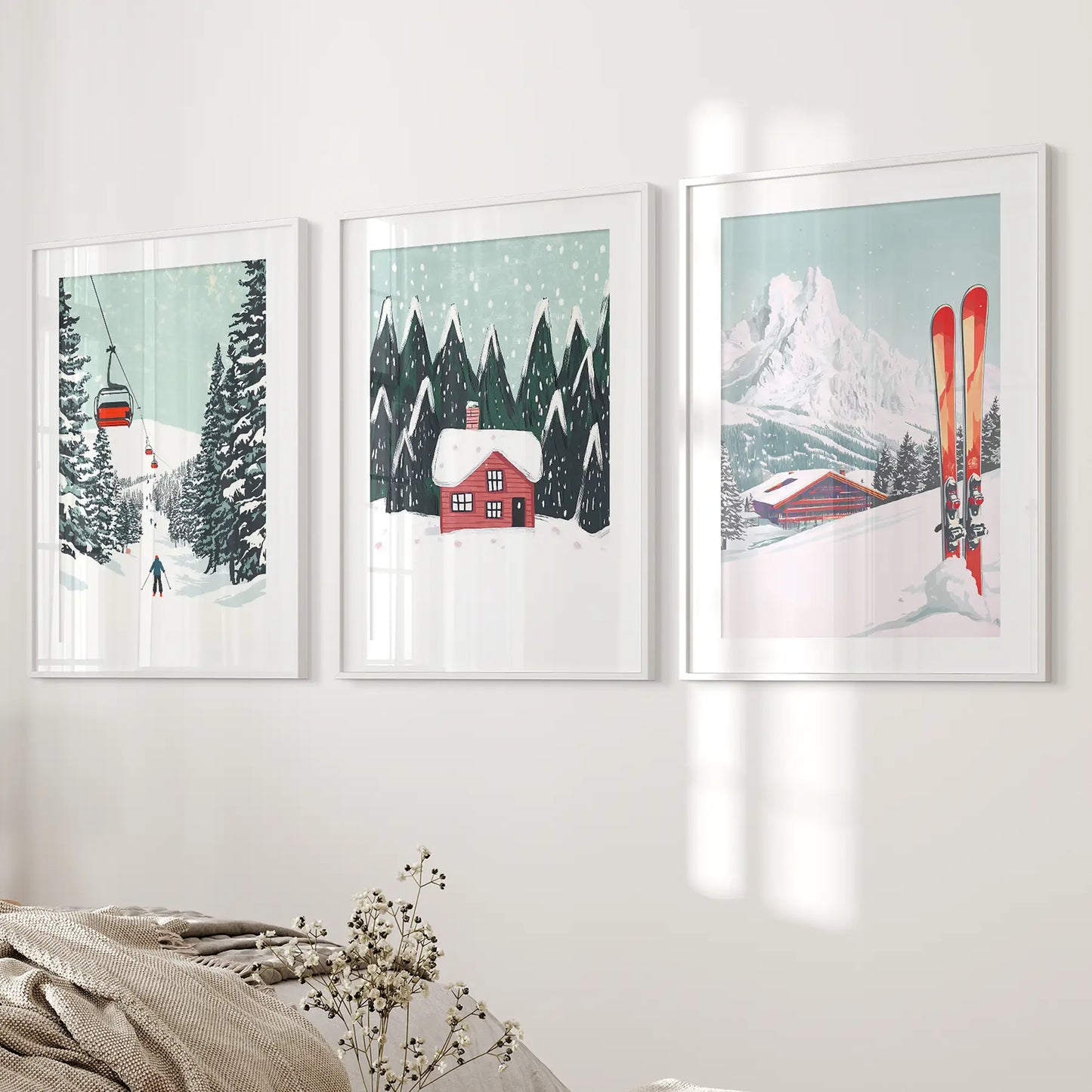 Ski Lifts, Cozy Cabin, and Snowy Peaks Wall Art White Frame - w mat