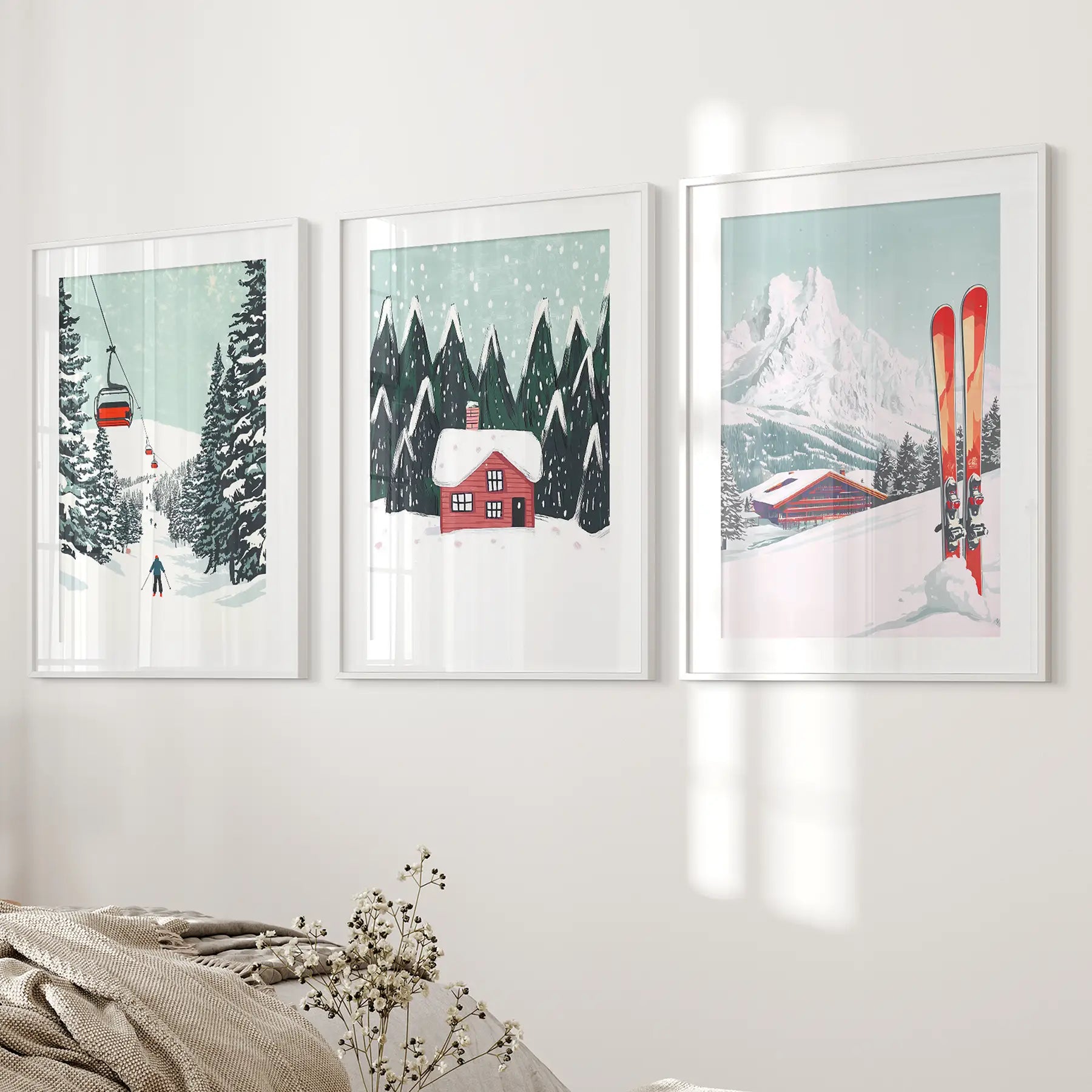 Ski Lifts, Cozy Cabin, and Snowy Peaks Wall Art White Frame - w mat